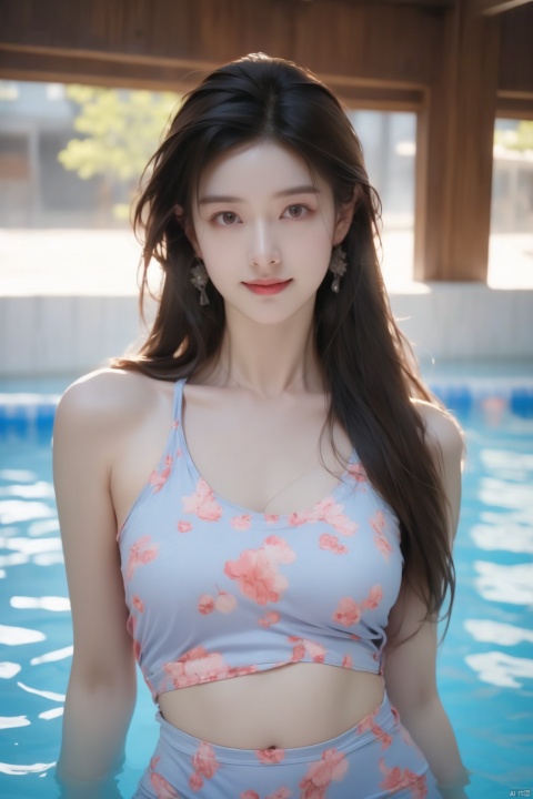  The image features a beautiful young woman standing in a swimming pool. She is wearing a swimsuit with a unicorn pattern on it. The swimsuit fits her body perfectly, 

The woman's expression is one of confidence and happiness. Her smile is warm and inviting, and her eyes are bright and lively. She appears to be enjoying her time in the pool, perhaps taking a break from a workout or simply relaxing.

The lighting in the image is soft and flattering, 
The quality of the image is excellent, 

Overall, this is an attractive and well-composed image that effectively captures the beauty and joy of the woman in the swimming pool.
Chinese, 1girl