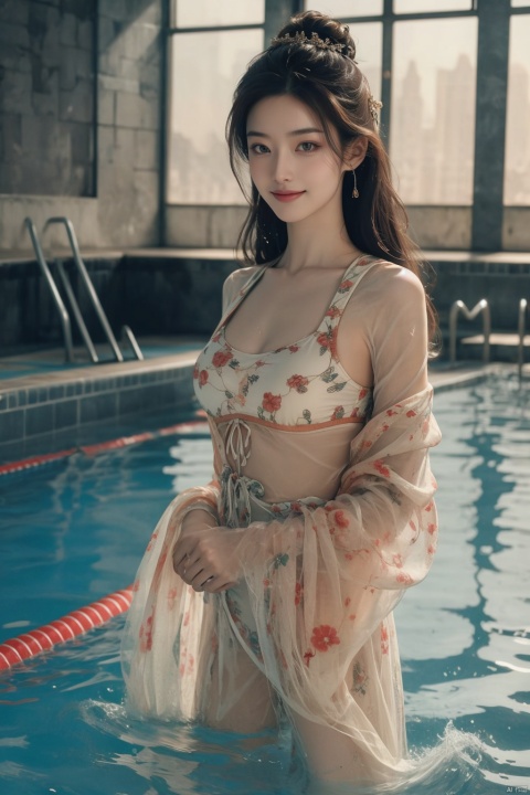  The image features a beautiful young woman standing in a swimming pool. She is wearing a swimsuit with a unicorn pattern on it. The swimsuit fits her body perfectly, 

The woman's expression is one of confidence and happiness. Her smile is warm and inviting, and her eyes are bright and lively. She appears to be enjoying her time in the pool, perhaps taking a break from a workout or simply relaxing.

The lighting in the image is soft and flattering, 
The quality of the image is excellent, 

Overall, this is an attractive and well-composed image that effectively captures the beauty and joy of the woman in the swimming pool.
Chinese, yunyun, sdmai