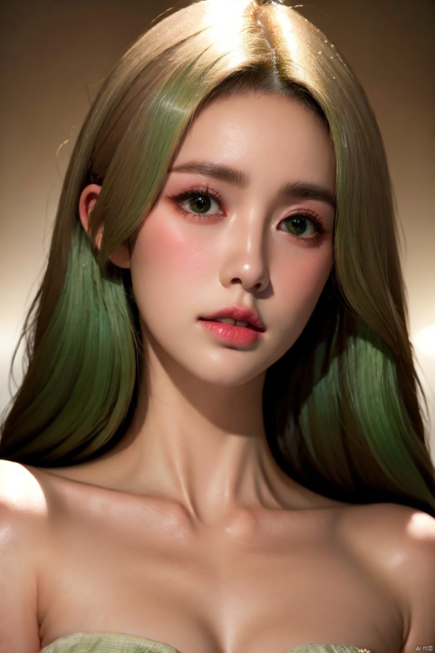 masterpiece,best quality,(()),bl,a 29 year old actress,,Slender eyebrows,bright almond shaped eyes,high and straight nose bridge,rounded nose,rosy thin lips,symmetrical chin,(high cheekbones:0.9),fair and smooth skin,Light green highlight dyed curly hair,portrait,There is a small amount of fetal hair in front of the forehead, ((poakl))