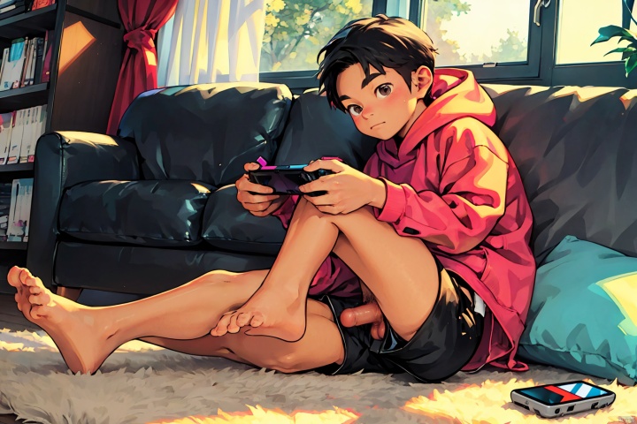  solo, looking at viewer, short hair, black hair, 1boy, holding, brown eyes, sitting, closed mouth, full body, male focus, shorts, barefoot, indoors, hood, feet, pillow, window, hoodie, toes, black shorts, curtains, couch, handheld game console, playing games, nintendo switch, game console, red hoodie, holding handheld game console,foot_fetish,foot focus,erection,erection under clothes,