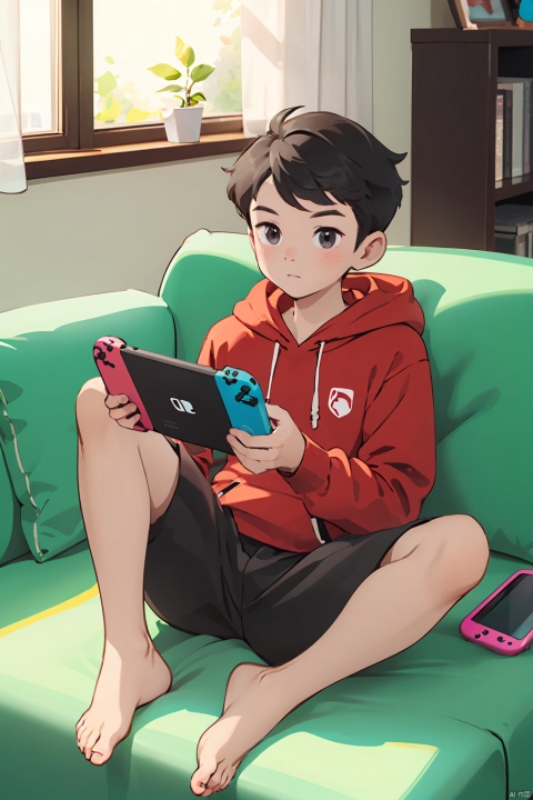 solo, looking at viewer, short hair, black hair, 1boy, holding, brown eyes, sitting, closed mouth, full body, male focus, shorts, barefoot, indoors, hood, feet, pillow, window, hoodie, toes, black shorts, curtains, couch, handheld game console, playing games, nintendo switch, game console, red hoodie, holding handheld game console