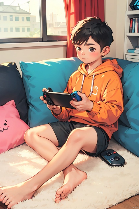  solo, looking at viewer, short hair, black hair, 1boy, holding, brown eyes, sitting, closed mouth, full body, male focus, shorts, barefoot, indoors, hood, feet, pillow, window, hoodie, toes, black shorts, curtains, couch, handheld game console, playing games, nintendo switch, game console, red hoodie, holding handheld game console