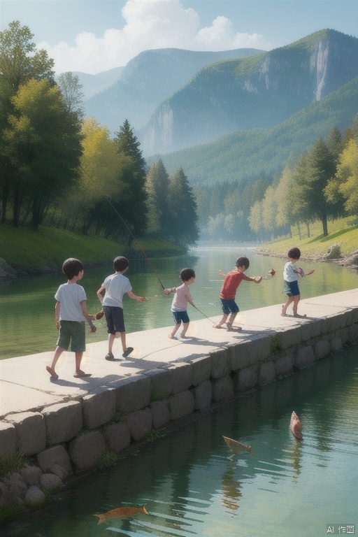 A group of children catching small fish, cute, rich background