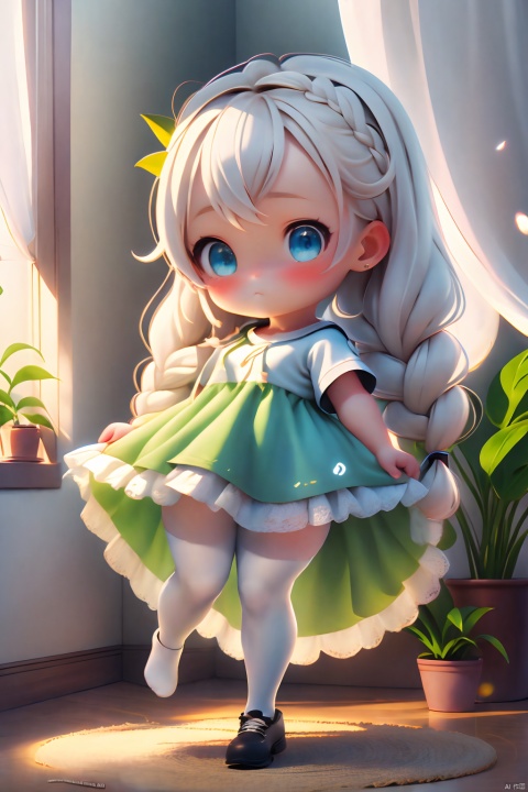  (masterpiece), (best quality), loli, masterpiece, best quality, backlight, Tyndall effect, Crepuscular Rays, 1girl, white_hairbangs, long hair, French braid, blue eyes, cold expression, lightseagreen T-shirt, White pantyhose, small_breasts, No shoes on, bedroom, White cloth sofa, White blanket, Dieffenbachia seguine Schott, White curtains,
