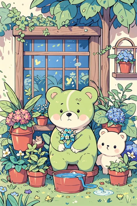  A flower shop with flowers and bears in the window, a bear sitting on the floor, green leaves, blue flowers, clovers, flowers, pots, four-leaf clovers, grass, hydrangeas, ivy, leaves, lilies (flowers) , Convallaria Majalis, morning glory, no humans, outdoors, palm trees, plants, potted plants, tanzaku, tulips, vines, watering cans