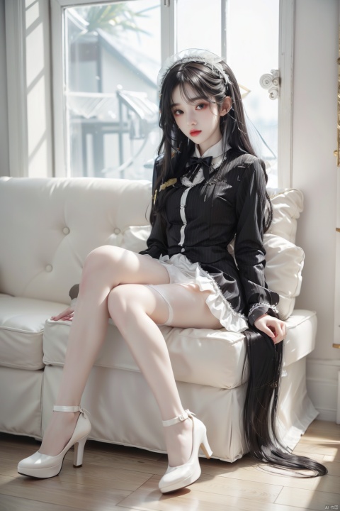  1girl, solo, lolanse,dress,lolanse_style dress, sitting, (pantyhose), long hair, white footwear, brown hair, shoes, full body, box,high heels, black hair,lolita fashion, indoors, white pantyhose, frills,bangs, hair bow, platform footwear, blush, cardboard box, bag, see-through,long sleeves,high_heels,pinstripe_suit,yellow_footwear,long_hair,black_hair, (\shuang hua\), liuyifei, jujingyi