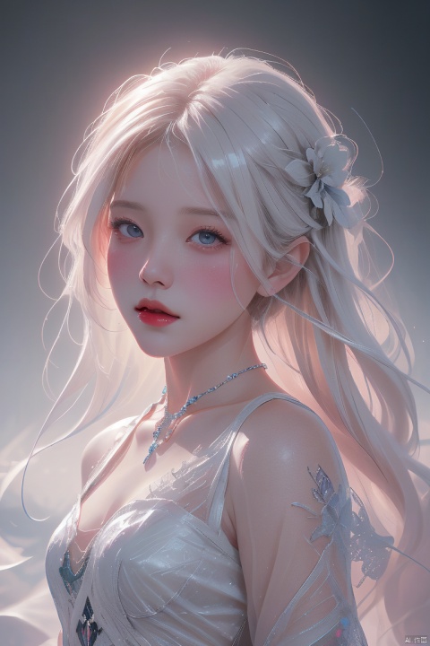  oil painting of a woman for oia stunning, promo by Tony\(dongli\), detailed painting inspired by Charlie Bowater, blooming exquisite necklace, 4 k detailed fantasy, white silver painting, dreamland, (\meng ze\)