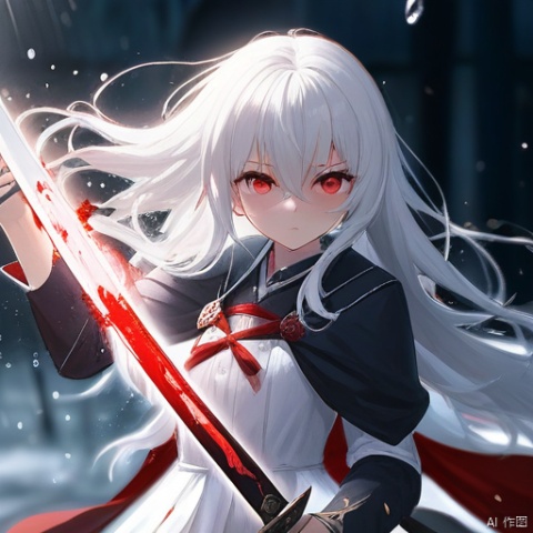 masterpiece, best quality, best quality,Amazing,1girl,finely detail,Depth of field,extremely detailed CG unity 8k wallpaper, masterpiece, full body,(loli),(white hair), red streaked hair, red eyes, (full body),red hair, (((with sword))), angry face,(beautiful detailed eyes), Blood drop,Blood fog, floating hair,light shafts, soft focus, character focus,disheveled hair,long bangs, hairs between eyes, looking at viewer,lowing hair, floating, Splashing blood,Long hair,(Bloodstain)