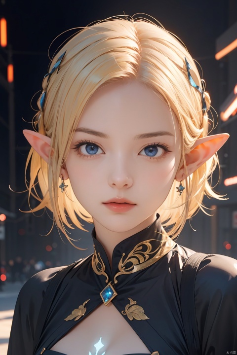  1 girl, normal chest, look at viewer, face portrait, elf, short elf ear, silky skin,surreal photography of a stunningly beautiful, blonde hair, blue eyes, intricate detailed, glowing, highly detailed, masterpiece, light particle, colourful light particles, concept art, 8 k,1girl navia, perfect split lighting