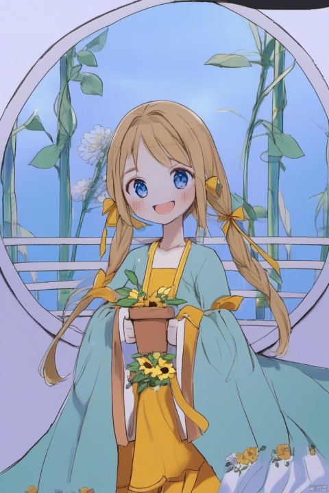 1girl, solo, long hair, looking at viewer, smile, open mouth, bangs, blue eyes, brown hair, long sleeves, dress, ribbon, holding, twintails, flower, wide sleeves, window, traditional media, plant, yellow flower, sunflower, yellow dress