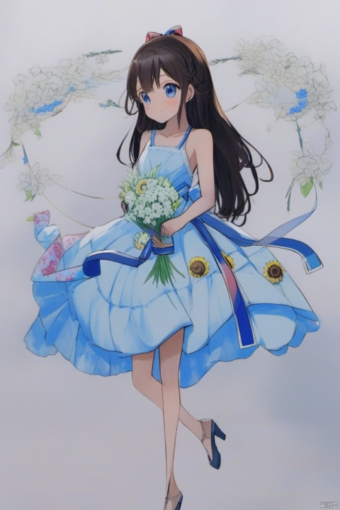1girl, solo, long hair, looking at viewer, smile, open mouth, bangs, blue eyes, brown hair, long sleeves, dress, ribbon, holding, twintails, flower, wide sleeves, window, traditional media, plant, yellow flower, sunflower, yellow dress