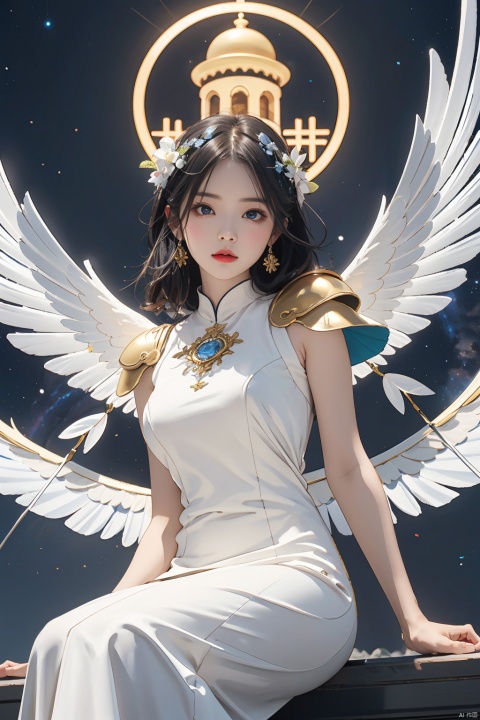 8k, Fluffy White Angel male perched upon golden bejeweled tower in a heavenly utopian city, huge feathery angel wings, glowing nebula eyes, white flowing clouds, ivory armor with diamond gem inlay, trending on artstation, sharp focus, studio photo, intricate details, highly detailed, by tim burton, nai3, (\shuang hua\), taosu