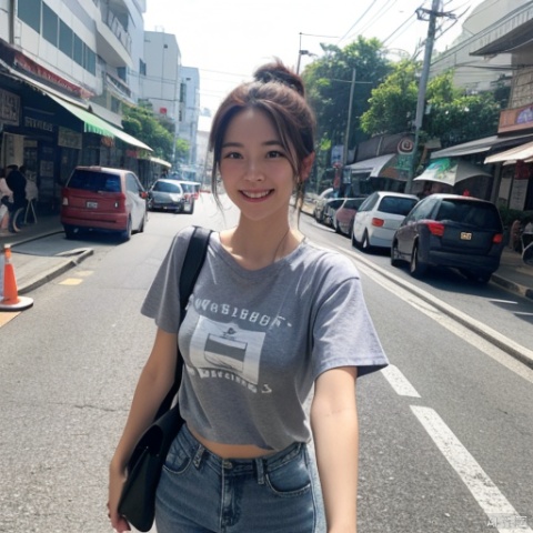 photo, young adult woman from Denmark, taking a selfie, sweating, wearing a backpack, average looking, walking down the street in Bangkok, hair up, no makeup, t-shirt and jeans, big smile, hot and muggy, visible air pollution, high resolution