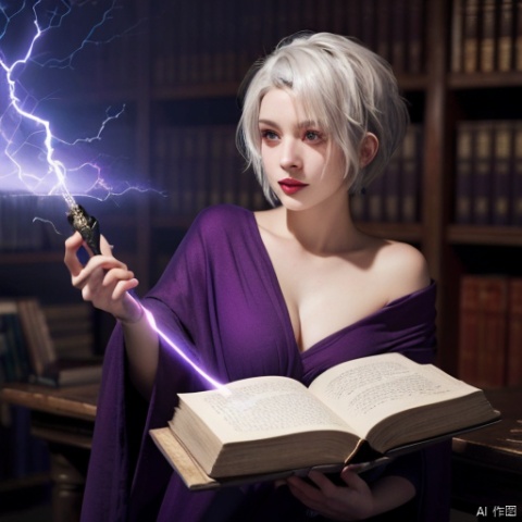 witch reading a book in a library with a magic wand, portrait of a female sorceress, dark fantasy, fantasy sorceress, rpg book portrait, female sorceress conjuring a spell, Best Quality, High Quality, Highres, Masterpiece, Ultra Detailed, (medium full shot:1.5), (beautiful woman:1.1), (short asymmetrical pixie cut white hair:1.1), perfect skin, perfect eyes, (large breasts:1.1), transparent purple magical robes, determined expression, crimson color scheme, dark purple light, library, bookshelves, glowing magical text, evil book, dark atmosphere, shadows, realistic lighting, floating particles, sparks, surrounded by purple lightning, wide angle lens,