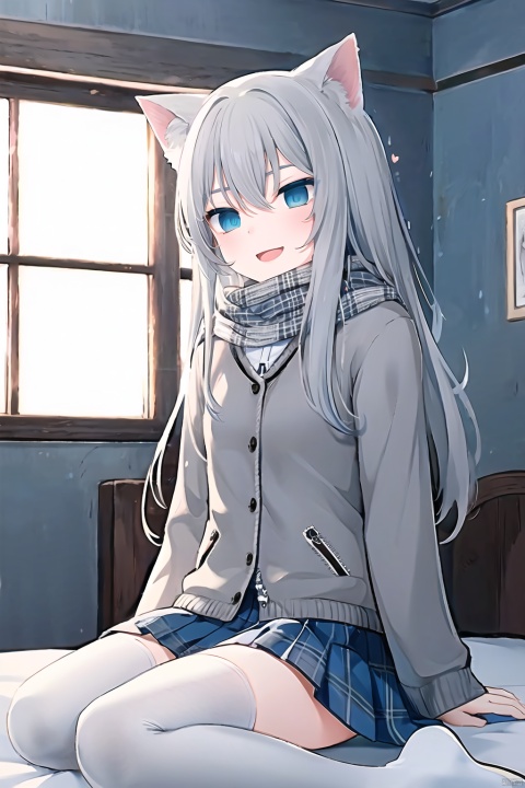  1girl, solo, long hair, looking at viewer, blush, open mouth, bangs, skirt, (((grey hair))), thighhighs,ribbon, hair between eyes, sitting, jacket, hair ribbon, (((blue eyes))), heart, pleated skirt, indoors, off shoulder, scarf, sweater, white thighhighs, plaid, window, bed, plaid skirt, red scarf,cat_ears,(smile)