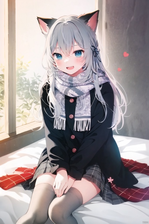  1girl, solo, long hair, looking at viewer, blush, open mouth, bangs, skirt, (((grey hair))), thighhighs,ribbon, hair between eyes, sitting, jacket, hair ribbon, (((blue eyes))), heart, pleated skirt, indoors, off shoulder, scarf, sweater, white thighhighs, plaid, window, bed, plaid skirt, red scarf,cat_ears,(smile)