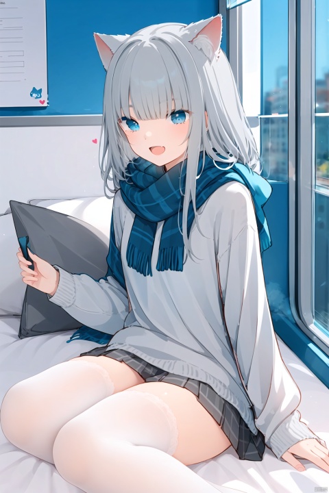  1girl, solo, long hair, looking at viewer, blush, open mouth, bangs, skirt, (((grey hair))), thighhighs,ribbon, hair between eyes, sitting, jacket, hair ribbon, (((blue eyes))), heart, pleated skirt, indoors, off shoulder, scarf, sweater, white thighhighs, plaid, window, bed, plaid skirt, red scarf,cat_ears,(smile)