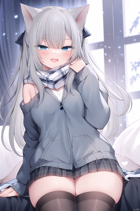  1girl, solo, long hair, looking at viewer, blush, open mouth, bangs, skirt, (((grey hair))), thighhighs,ribbon, hair between eyes, sitting, jacket, hair ribbon, (((blue eyes))), heart, pleated skirt, indoors, off shoulder, scarf, sweater, white thighhighs, plaid, window, bed, plaid skirt, red scarf,cat_ears,(smile)