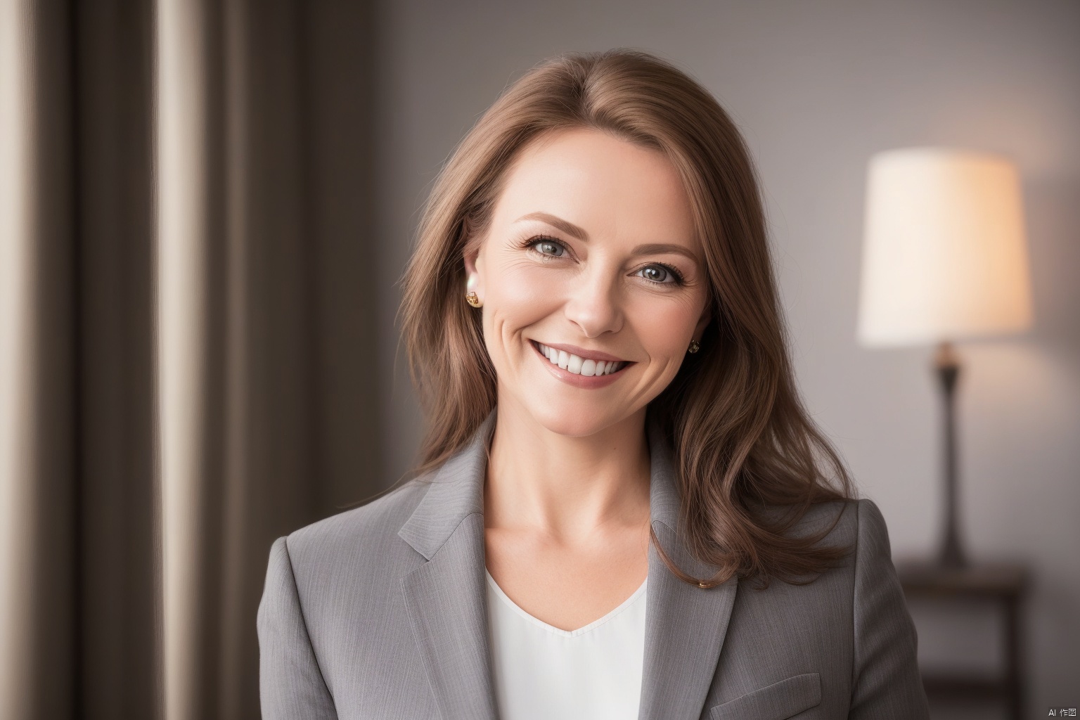  Portrait of a German woman, upper body, mature and sexy, in a professional suit, with a bright and sunny smile, flowing long hair, brown big eyes, 8k, original photo taken with backlighting, captured with a Canon camera.