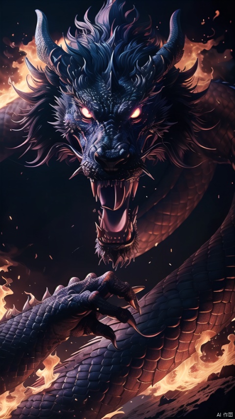  Black Dragon\(pi\,dragon,no humans,horns,glowing,glowing eyes,open mouth,fire,sharp teeth,teeth,scales