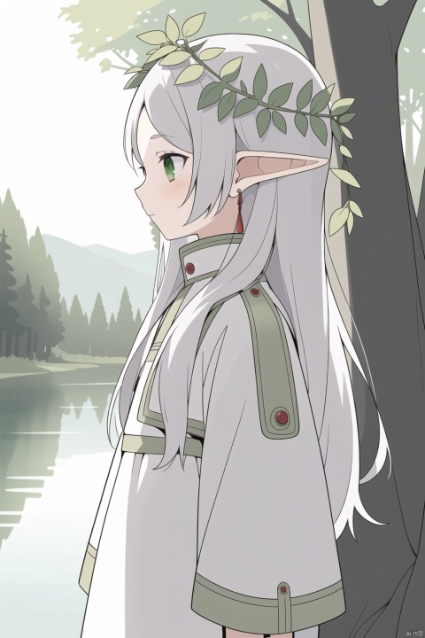 masterpiece,best quality,1girl,(extremely
simple:1),(cute:1),(plane style),frieren,white hair,(head garland),white clothes,solo,green forest,elf ear,river,long hair