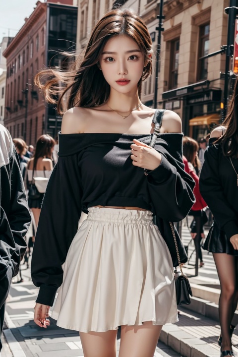 short skirt, off-shoulder long sleeves