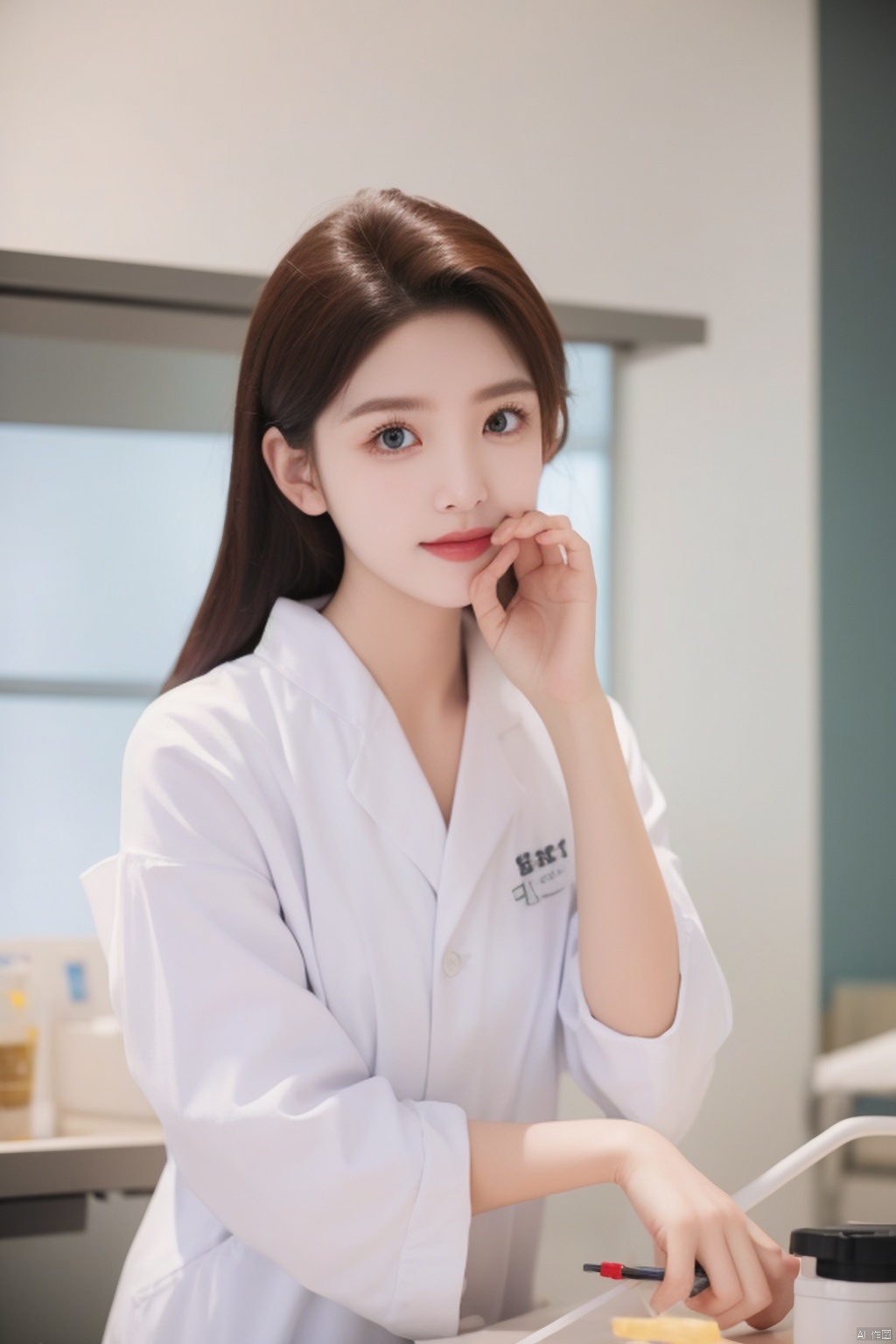  The image features a beautiful young woman standing in a laboratory.She is wearing a black dress. 

The woman's expression is one of confidence and peace. Her eyes are bright and lively. 

The lighting in the image is soft and dark. 
The quality of the image is excellent, 

Overall, this is an attractive and well-composed image that effectively captures the beauty and gravitas of the woman in the laboratory. 
Chinese, 1girl,moyou, zhangruonan