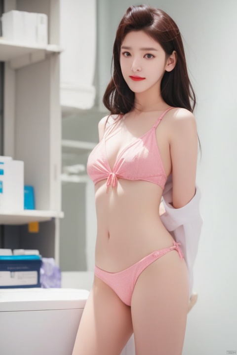  The image features a beautiful young woman standing in a laboratory.She is wearing a pink bikini. 

The woman's expression is one of confidence and peace. Her eyes are bright and lively. 

The lighting in the image is soft and dark. 
The quality of the image is excellent, 

Overall, this is an attractive and well-composed image that effectively captures the beauty and gravitas of the woman in the laboratory. 
Chinese, 1girl,moyou, zhangruonan