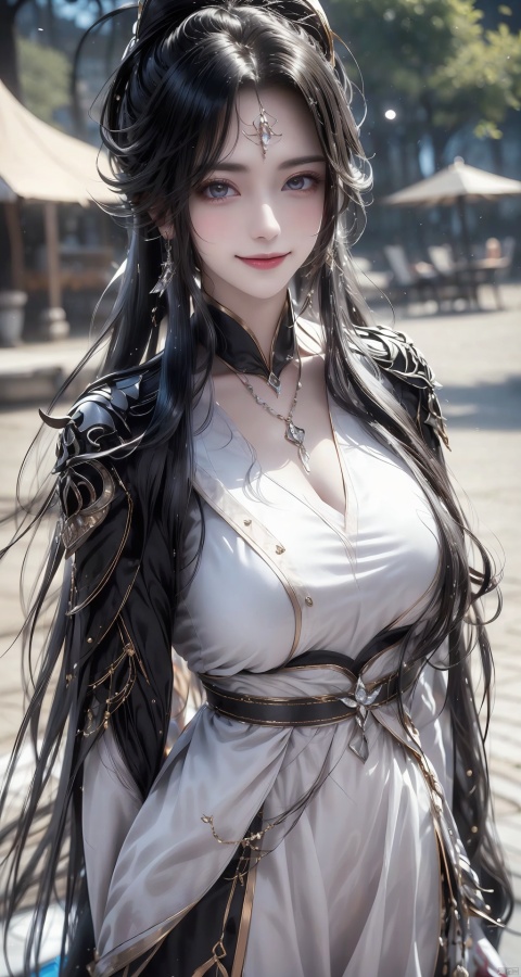  a woman dressed in white shirt with large collar, 1girl, solo, looking at viewer, smile, necklace, jewelry, long hair, twintails, grin, sharp focus, perfect hands, perfect light, 1 girl