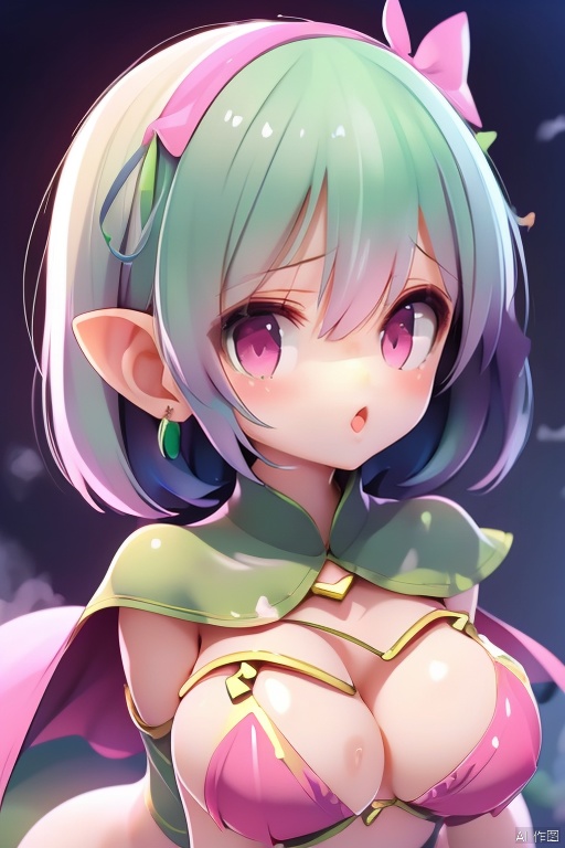  1girl, solo, pointy ears, short hair, nude, green hair,cum, jewelry, earrings,blush,sex capelet, argyle, ribbon, pink fantasy. tongue out,pink gas