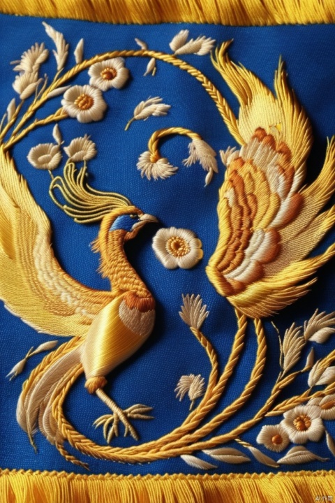 Embroidery, phoenix, gold and blue