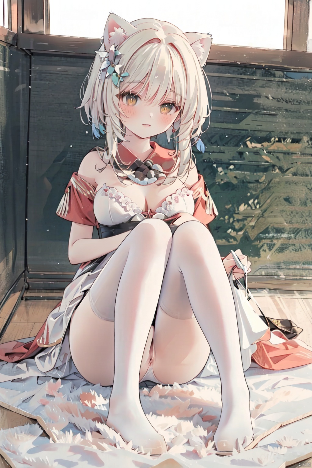 Can see protruding nipples, can see cleavage, cat ears, cat mother, with a cat tail inserted in her anus, slender tail, can see **** congestion, white hair, pink pupils, white tight fitting clothes, white yoga clothes, white lace lace pantyhose, no underwear bra, barefoot, barefoot, no shoes, slim legs, beautiful back, fragrant shoulder, nipple protruding, white protective hands, flushed face, blurred eyes, wearing earrings, can see genitalia, vaginal discharge of white plasma, candy color, red crescent shaped tattoos on legs and shoulders, on the ice surface, heavy snow flies