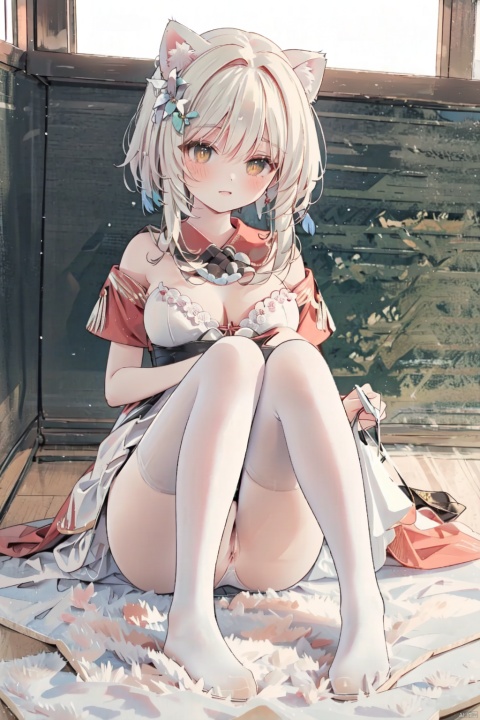 Can see protruding nipples, can see cleavage, cat ears, cat mother, with a cat tail inserted in her anus, slender tail, can see anal congestion, white hair, pink pupils, white tight fitting clothes, white yoga clothes, white lace lace pantyhose, no underwear bra, barefoot, barefoot, no shoes, slim legs, beautiful back, fragrant shoulder, nipple protruding, white protective hands, flushed face, blurred eyes, wearing earrings, can see genitalia, vaginal discharge of white plasma, candy color, red crescent shaped tattoos on legs and shoulders, on the ice surface, heavy snow flies