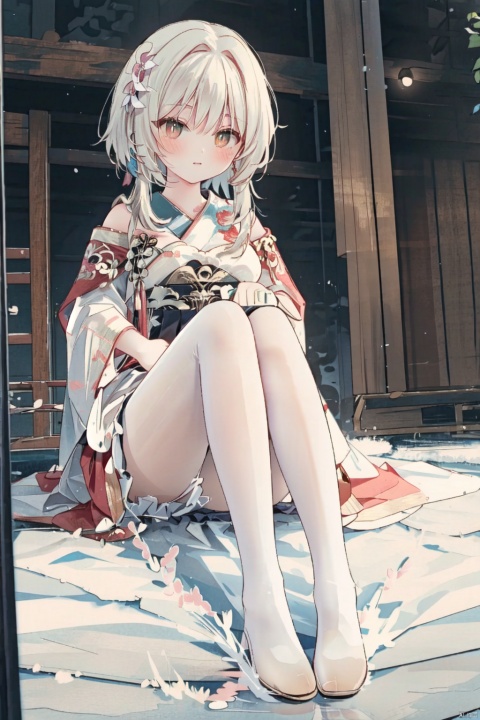 Cat ears, cat mother, white hair, pink pupils, white Hanfu, white lace lace pantyhose, no underwear or bra, bare feet, no shoes, slim legs, beautiful back, fragrant shoulders, protruding nipples, white hand protection, blushing face, blurred eyes, wearing earrings, candy colored, red crescent shaped tattoos on legs and shoulders. On the ice surface, heavy snow flies
跟