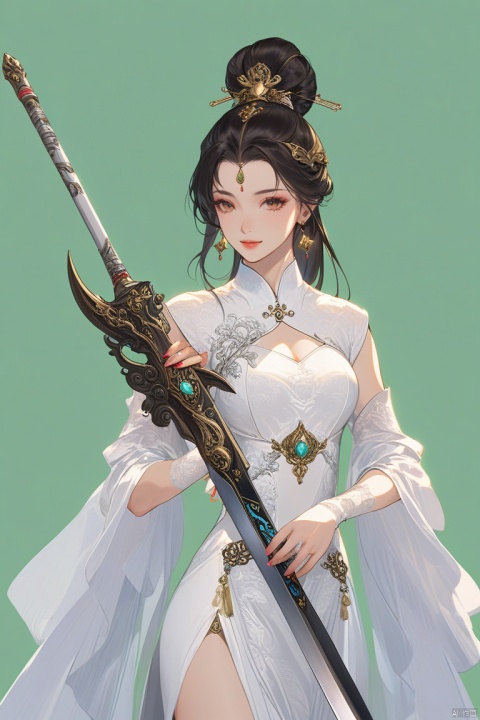  (best quality), ((masterpiece)), (highres), illustration, original, extremely detailed,1girl, weapon, sword, long hair, solo, hair bun, black hair, dress, white dress, facial mark, jewelry, forehead mark, single hair bun, earrings, hair ornament, looking at viewer, holding weapon, bug,  clothing cutout, chinese clothes, holding, green background