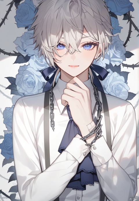  (best quality), ((masterpiece)), (highres), illustration, original, extremely detailed wallpaper.solo, 1boy, flower, thorns, male focus, chain, bandages, white hair, upper body, shirt, bandaid, rose, bandage over one eye, white shirt, white flower, suspenders, looking at viewer, blue eyes, ascot, vines, blood, long sleeves, white background, ribbon, closed mouth