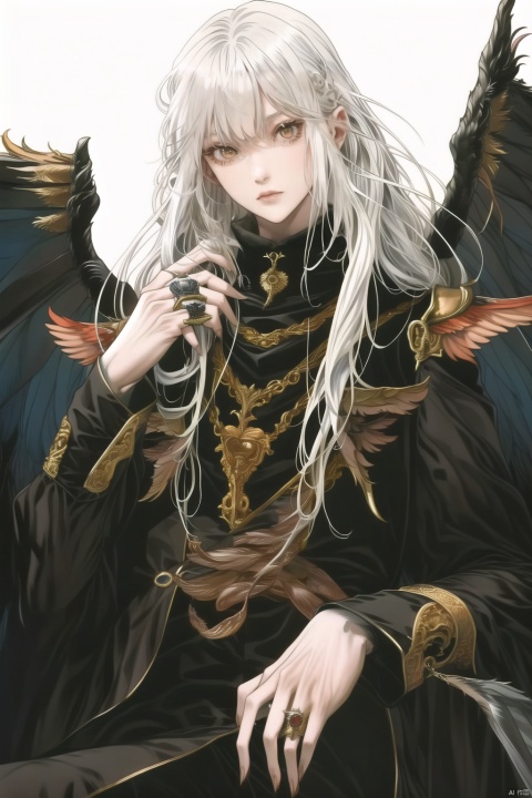  qzgt, 1boy, white hair, ring, red eyes, bangs, wings