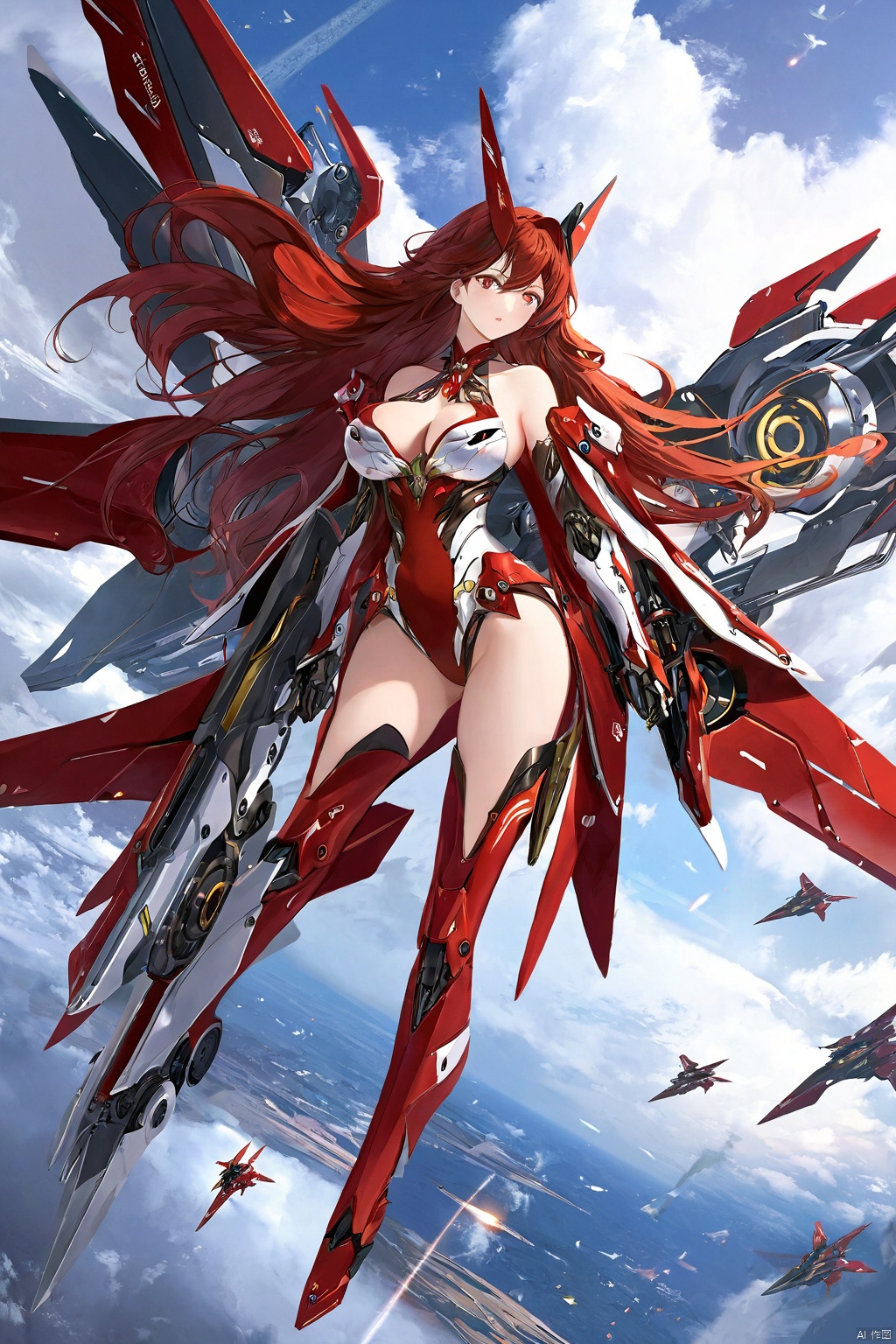  ((masterpiece)), ((best quality)), ((illustration)), extremely detailed,1 girl,mecha clothes,, big breasts,Dark red very_long_hair, scifi hair ornaments, beautiful detailed deep eyes, beautiful detailed sky, cinematic lighting, wind,Mechanical wings