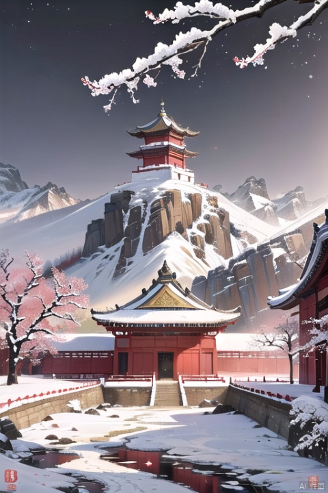  Oil painting,Landscape close-up,Ancient China,gugong,vermilion,wall,plum blossom,winter,snow,realism,depth,negative space,yueliangmen,CNInk,library,cnss