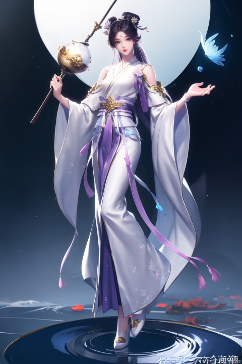 (masterpiece, best quality,top quality),chinese clothes,solo, 1girl,white long hair, white background, full body, blue eyes, long sleeves,(holding a water ball),simple background, looking at viewer, wide sleeves, holding, standing, blue footwear, hair ornament, staff, shawl, hagoromo, hair rings, petals, shoes, sleeves past wrists, ribbon, a pool under feet,lotus,((metal decoration))