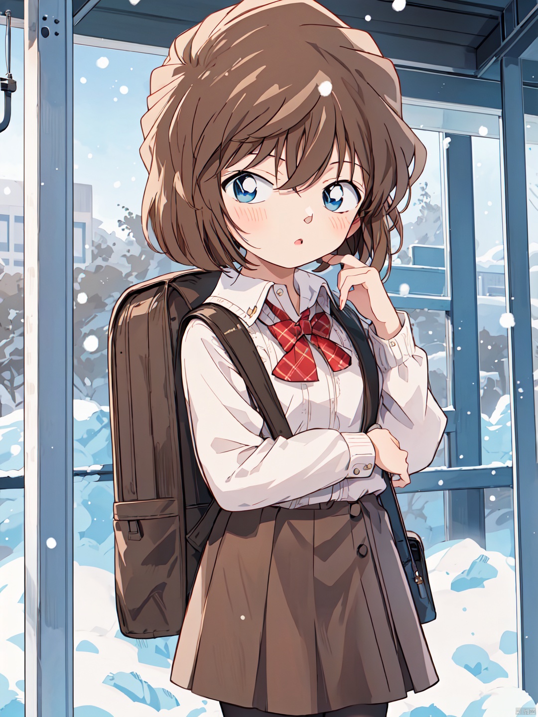  (((Short brown hair, blue eyes))), 1girl, solo, one eye closed, skirt, long hair, red necktie, hair ornament, hairclip, necktie, black hair, outdoors, snowing, bangs, plaid, blue eyes, snow, blush, shirt, parted lips, plaid skirt, pleated skirt, cowboy shot, school uniform, white shirt, bag, hair between eyes, looking at viewer, hand up, long sleeves, collared shirt, pantyhose, coat, building, backpack,,, HaibaraAi