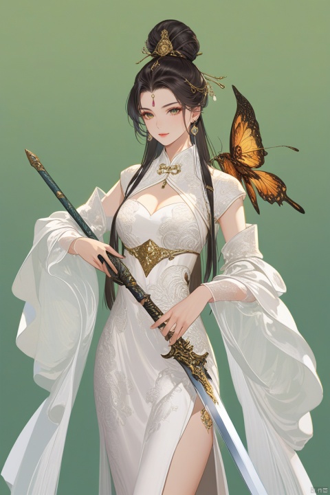  (best quality), ((masterpiece)), (highres), illustration, original, extremely detailed,1girl, weapon, sword, long hair, solo, hair bun, black hair, dress, white dress, facial mark, jewelry, forehead mark, single hair bun, earrings, hair ornament, looking at viewer,, bug,  clothing cutout, chinese clothes, holding, green background
