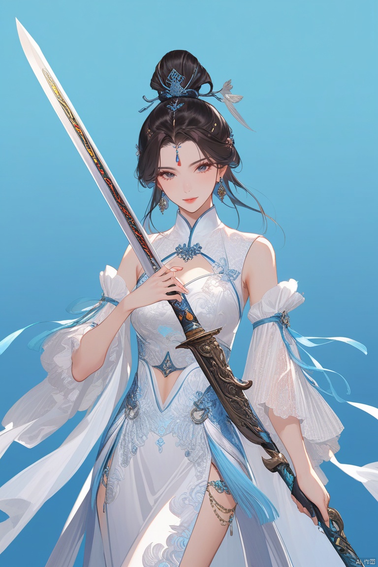  (best quality), ((masterpiece)), (highres), illustration, original, extremely detailed,1girl, weapon, sword, long hair, solo, hair bun, black hair, dress, white dress, facial mark, jewelry, forehead mark, single hair bun, earrings, hair ornament, looking at viewer, holding weapon, bug, holding sword, clothing cutout, chinese clothes, holding, blue background