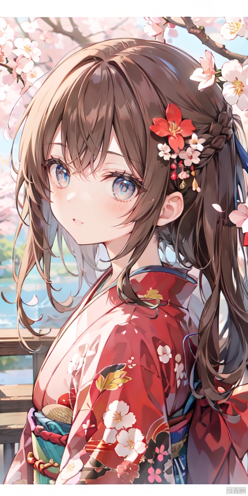  1girl, artist_name, bangs, blunt_bangs, border, branch, brown_hair, cherry_blossoms, flower, from_side, hair_flower, hair_ornament, japanese_clothes, kimono, long_hair, looking_at_viewer, looking_to_the_side, parted_lips, petals, red_kimono, solo, upper_body, white_border