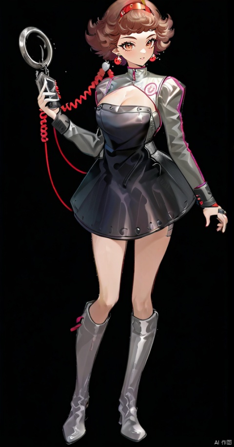  (best quality), ((masterpiece)), (highres), illustration, original, extremely detailed,1girl, solo, brown hair, holding, boots, white background, short hair, jewelry, dress, full body, knee boots, simple background, brown eyes, hairband, breasts, cleavage, black footwear, flipped hair, standing, looking at viewer, phone, cleavage cutout, earrings, closed mouth, long sleeves, holding phone, ring, black dress, signature, clothing cutout, medium breasts, bangs