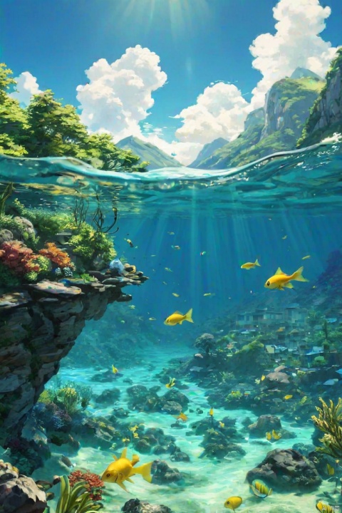  (ultra high res:1.4), (masterpiece), (beautiful lighting:1.4) , lush greenery and mountains, Bright sunlight illuminates the crystal-clear water, (deep underwater), anime, half above water and half below water , (clear underwater), beautiful sky with clouds, fish , depth, small yellow, costal village, (masterpiece, best quality, perfect composition, very aesthetic, absurdres, ultra-detailed, intricate details, Professional, official art, Representative work:1.3)