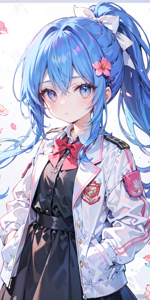 (best quality), ((masterpiece)), (highres),standing,original, extremely detailed wallpaper, (an extremely delicate and beautiful),pink eyes,,(loli),(petite),blue hair,(white Jacket),high ponytail,white collared shirt,hair flower,fipped hair,floating hair,Frown,hands in pockets,black dress,red bowtie,(solo),