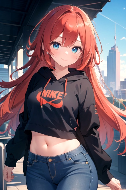 (((masterpiece))) (((best quality))) (((ultra-detailed))) ((depth of field)) ((detailed scenery)) ((navel)) ((4k)) ((8k)) ((illustration)) 1 female, long hair, curly hair, red hair, blue eyes, thicc, curvy, tattoos, eyeliner, black Nike hoodie, denim jeans, smile, cosmic sky, outside, white pantyhose