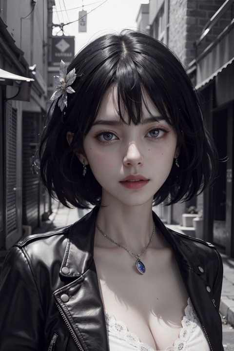  masterpieces,best quality, ultra-detailed,8K,(realistic:1.4),(photorealistic:1.4),(desaturate:1.2),(cold color:1.4),sensual woman,medium shot,standing at dirty alley,wavy short hair,blunt bangs,drooping eyes,wide-set eyes,lovely round eyes,round face,leather jacket, Detail, jewels, hair ornament,无