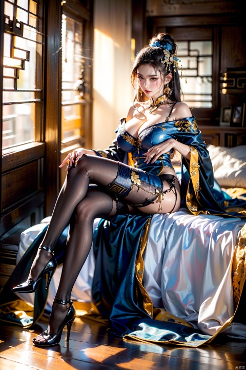  Outdoor ,Soft light，blue color theme，close shot,black pantyhose,same high heels,Beside the window,(fair skin, female, beautiful gentle face, many colors best quality, 8k, nice looking photo, exquisite skin detail masterpiece, real photo, intricate details, perfect lighting, wearing transparent saree, (gorgeous patterned lingerie in various colors, black silk texture, patterned), black pantyhose, voluptuous body, extra long hair, off shoulder, exquisite face, (huge breasts), exposed cleavage, (lots of ancient Chinese ornamentation, 1.8), perfect fingers, anatomically correct, close-up front view, glowing skin, ancient Chinese style, looking up from below